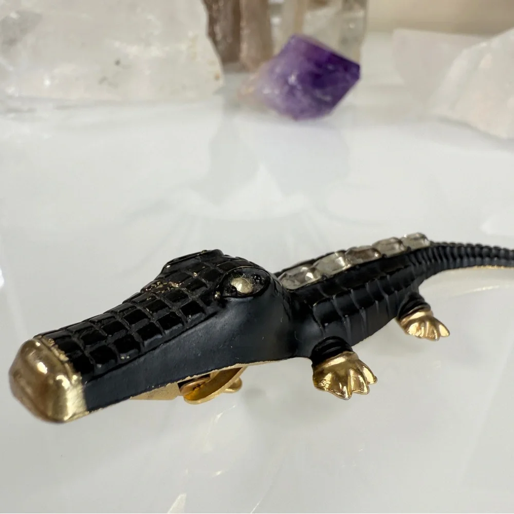 Vintage Gold Tone Metal & Black Alligator / Crocodile Clip - Picture 14 of 15